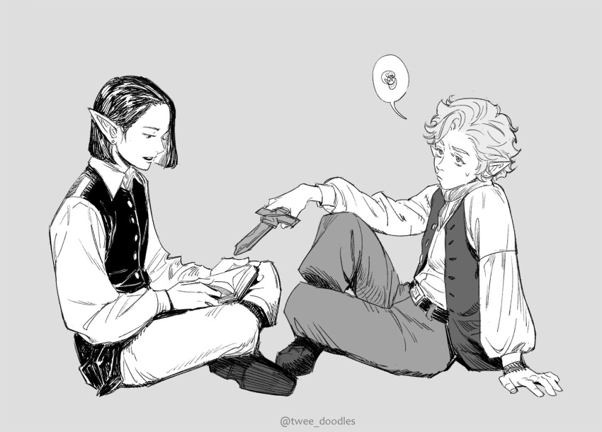 2boys, aged_down, arm_support, astarion, baldur's_gate, baldur's_gate_3, belt, blunt_ends