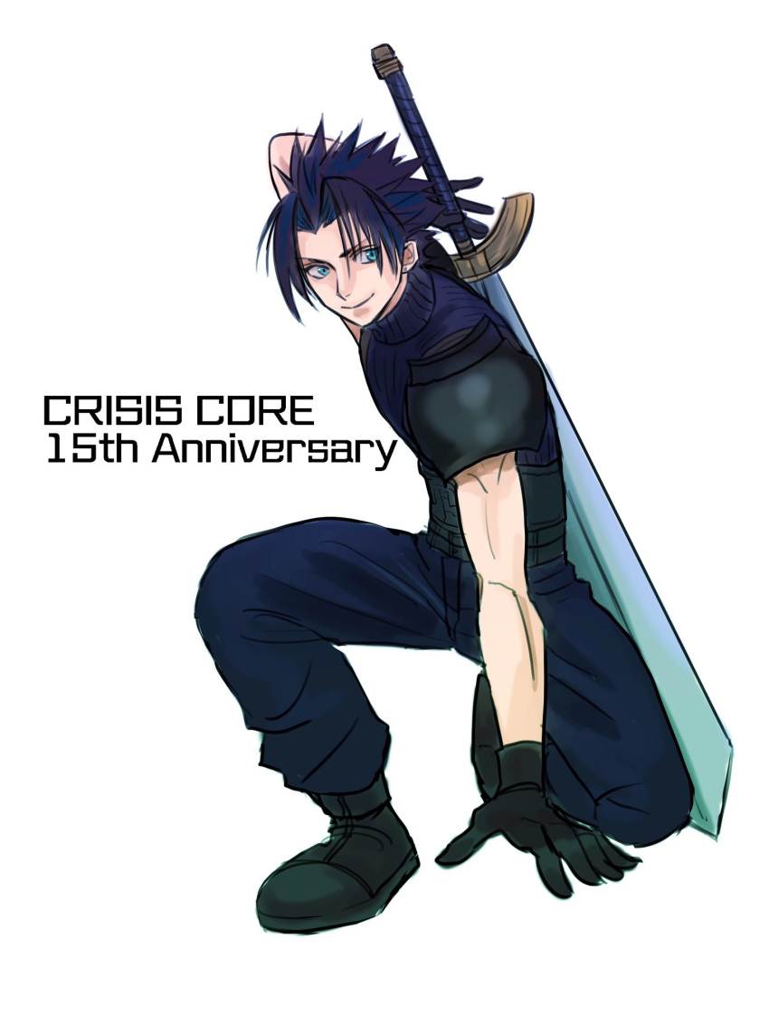 1boy, anniversary, arm_support, arm_up, armor, baggy_pants, black_footwear, black_gloves