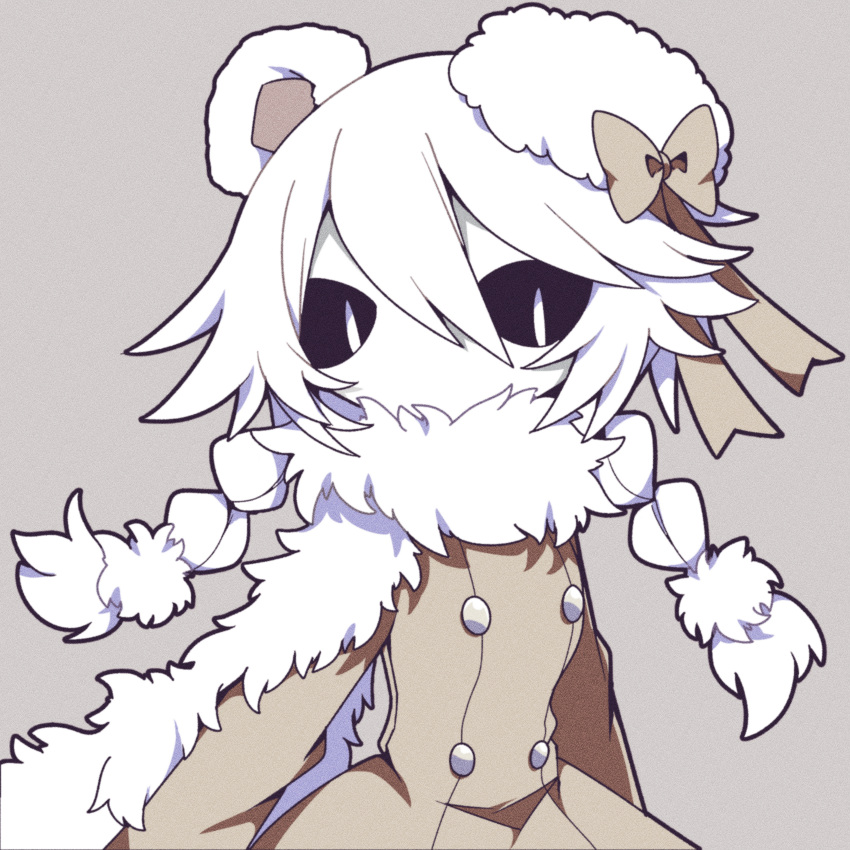 1girl, animal_ears, bear_ears, bear_girl, black_sclera, braid, coat, colored_sclera, colored_skin, funamusea, funamusea_(style), fur-trimmed_coat, fur_hat, fur_trim, grey_background, hair_between_eyes, hashtag_only_commentary, hat, hat_ribbon, highres, ice_scream, long_sleeves, looking_at_viewer, no_mouth, no_nose, official_style, ribbon, rocma_(ice_scream), sidelocks, simple_background, solo, twin_braids, white_eyes, white_hair, white_skin, x_c_om