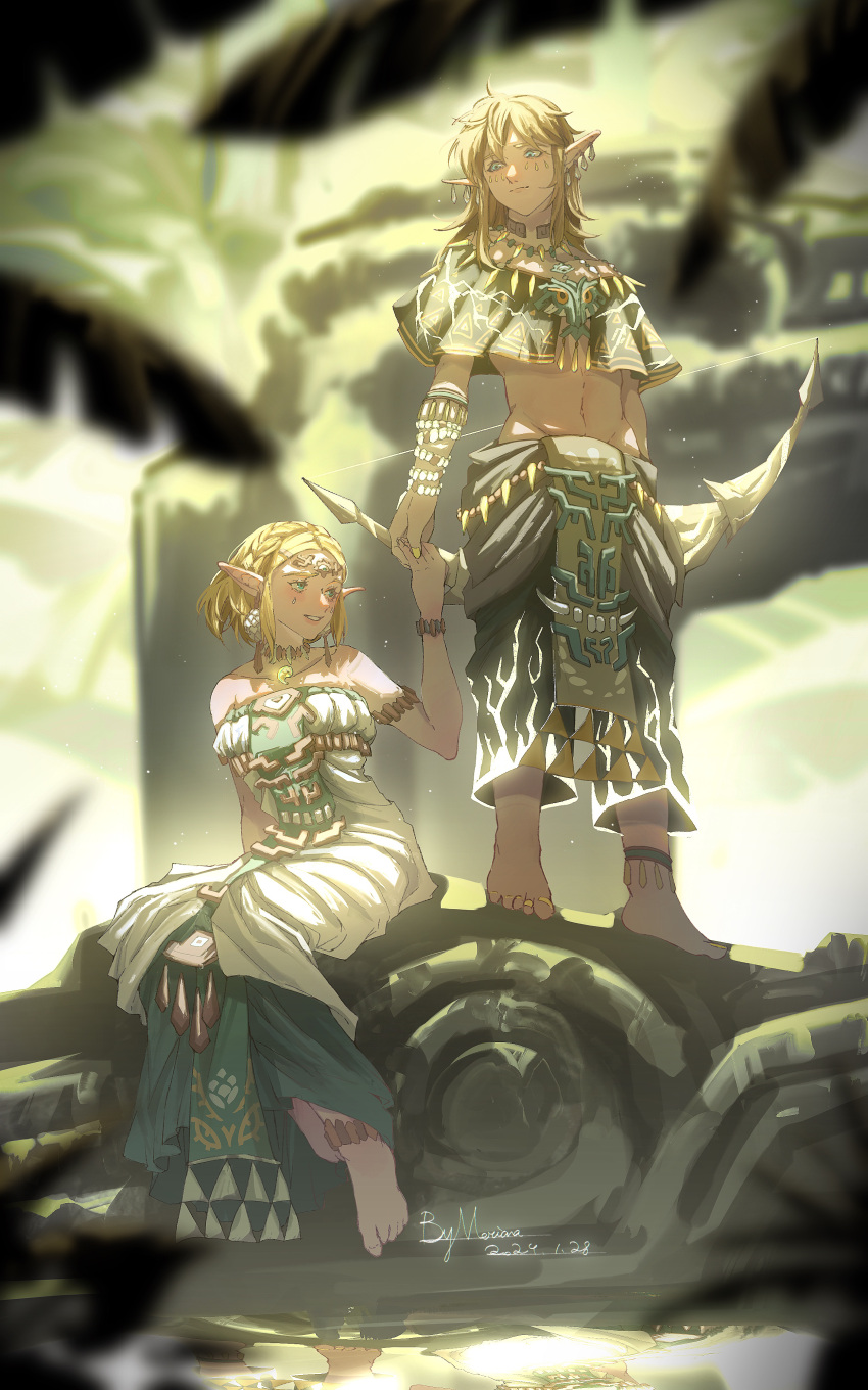 1boy, 1girl, absurdres, anklet, armlet, barefoot, bow_(weapon), bracelet, charged_set_(zelda), dress, earrings, highres, holding, holding_bow_(weapon), holding_hands, holding_weapon, jewelry, link, medium_hair, merianaka, multiple_earrings, navel, pelvic_curtain, pointy_ears, princess_zelda, short_hair, sitting, standing, stomach, strapless, strapless_dress, the_legend_of_zelda, the_legend_of_zelda:_tears_of_the_kingdom, weapon