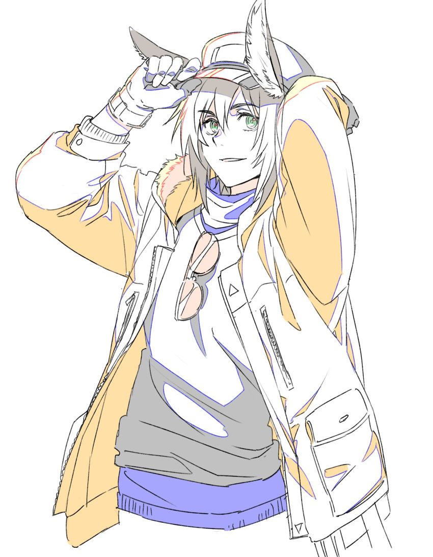 1boy, animal_ear_fluff, animal_ears, arknights, black_vest, blue_shirt, coat, color_trace