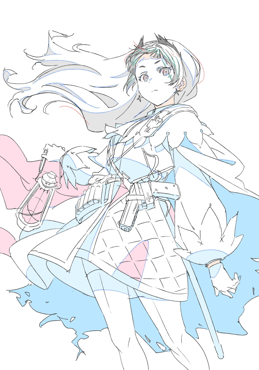 1girl, absurdres, arknights, cape, color_trace, commentary, cowboy_shot, earrings