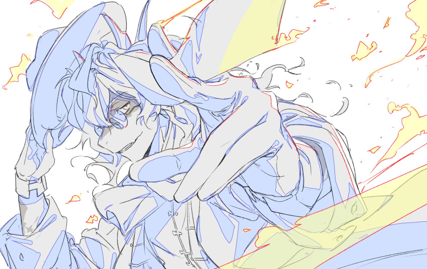 1boy, adjusting_clothes, adjusting_headwear, arknights, ascot, chinese_clothes, color_trace, fire