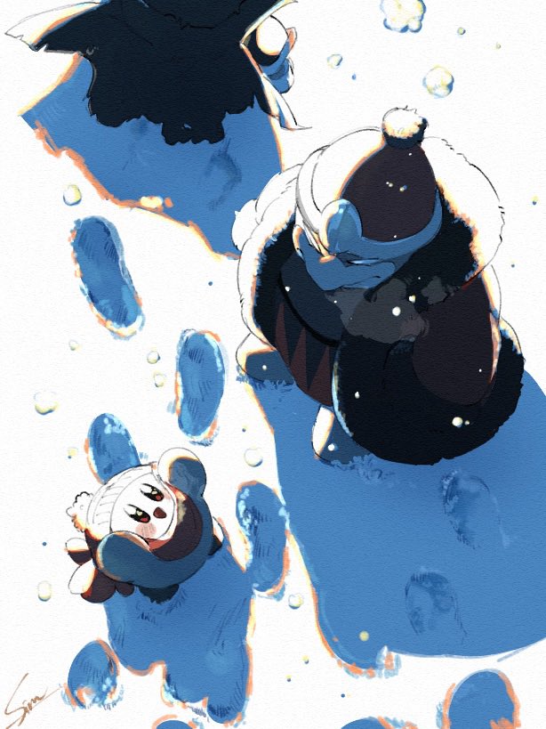 3boys, :d, arms_up, beanie, blush_stickers, cape, coat, footprints