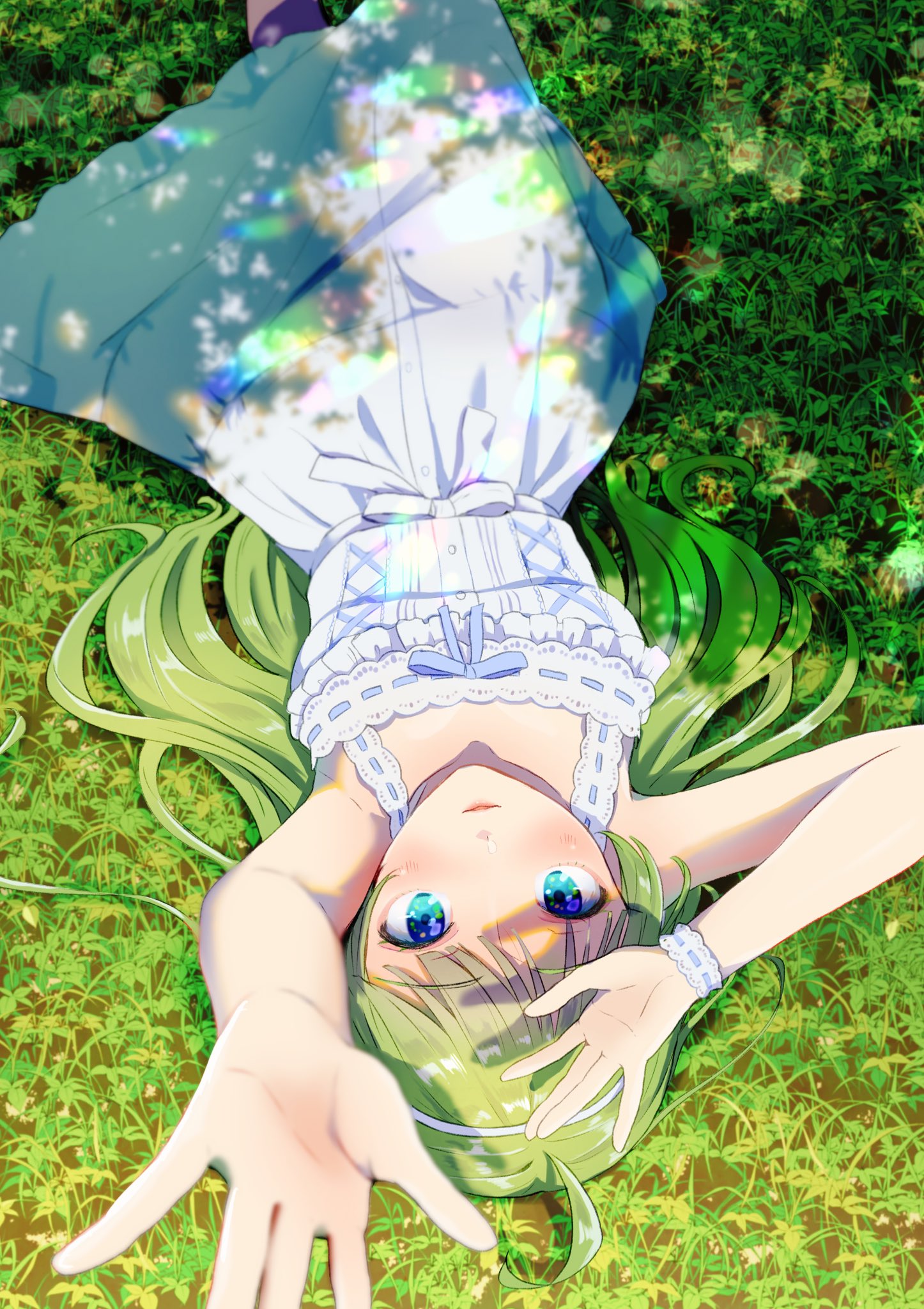 1girl, ahoge, aqua_eyes, bare_arms, blue_bow, blue_bowtie, blunt_bangs, bow