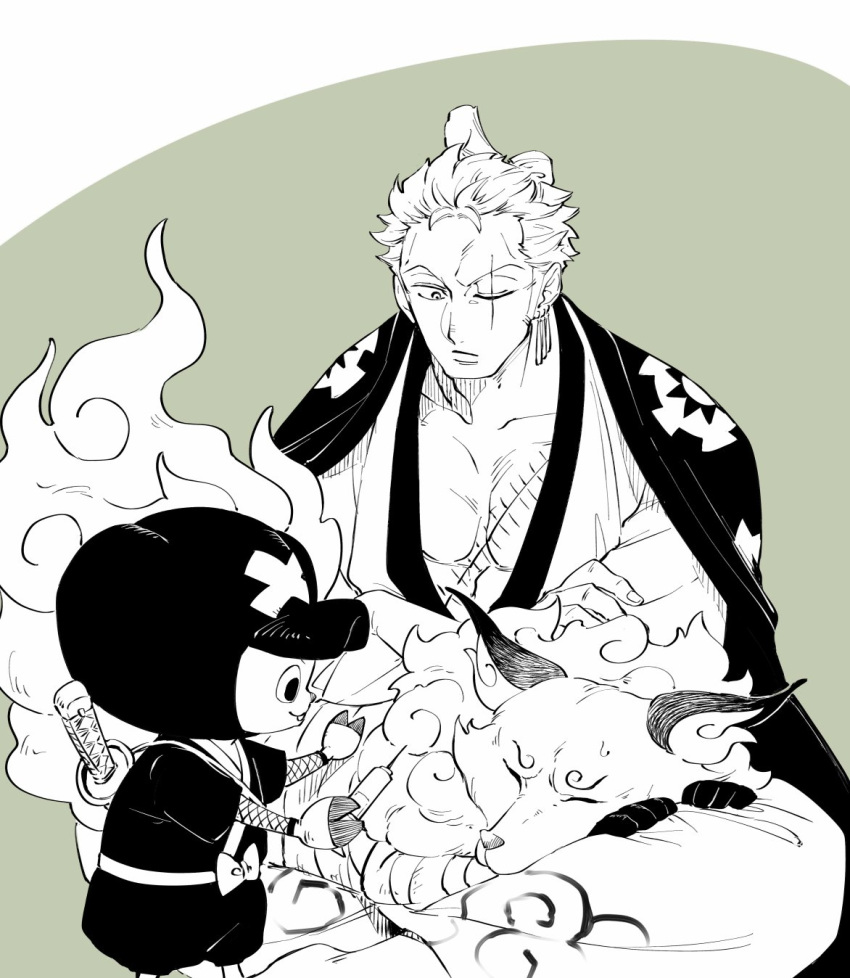 3boys, chabo_(niwatori_bosori), chonmage, commentary_request, crossed_arms, earrings, greyscale, hat