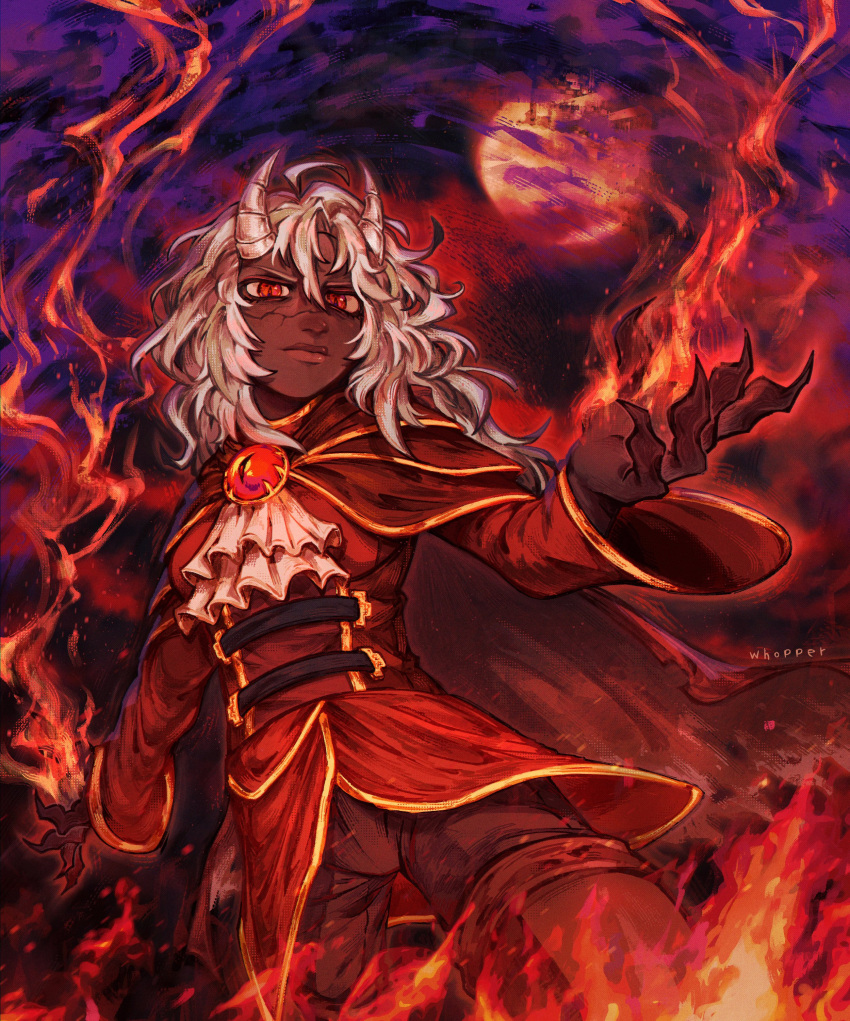1girl, absurdres, ascot, black_pants, boots, brown_footwear, calamitas, calamity_(terraria_mod), capelet, claws, closed_mouth, cracked_skin, dark_skin, demon_girl, demon_horns, dress, fire, full_moon, highres, horns, lips, long_hair, long_sleeves, looking_at_viewer, moon, pants, pyrokinesis, red_capelet, red_dress, red_eyes, slit_pupils, solo, thigh_boots, white_ascot, white_hair, whopper_(artist), wide_sleeves