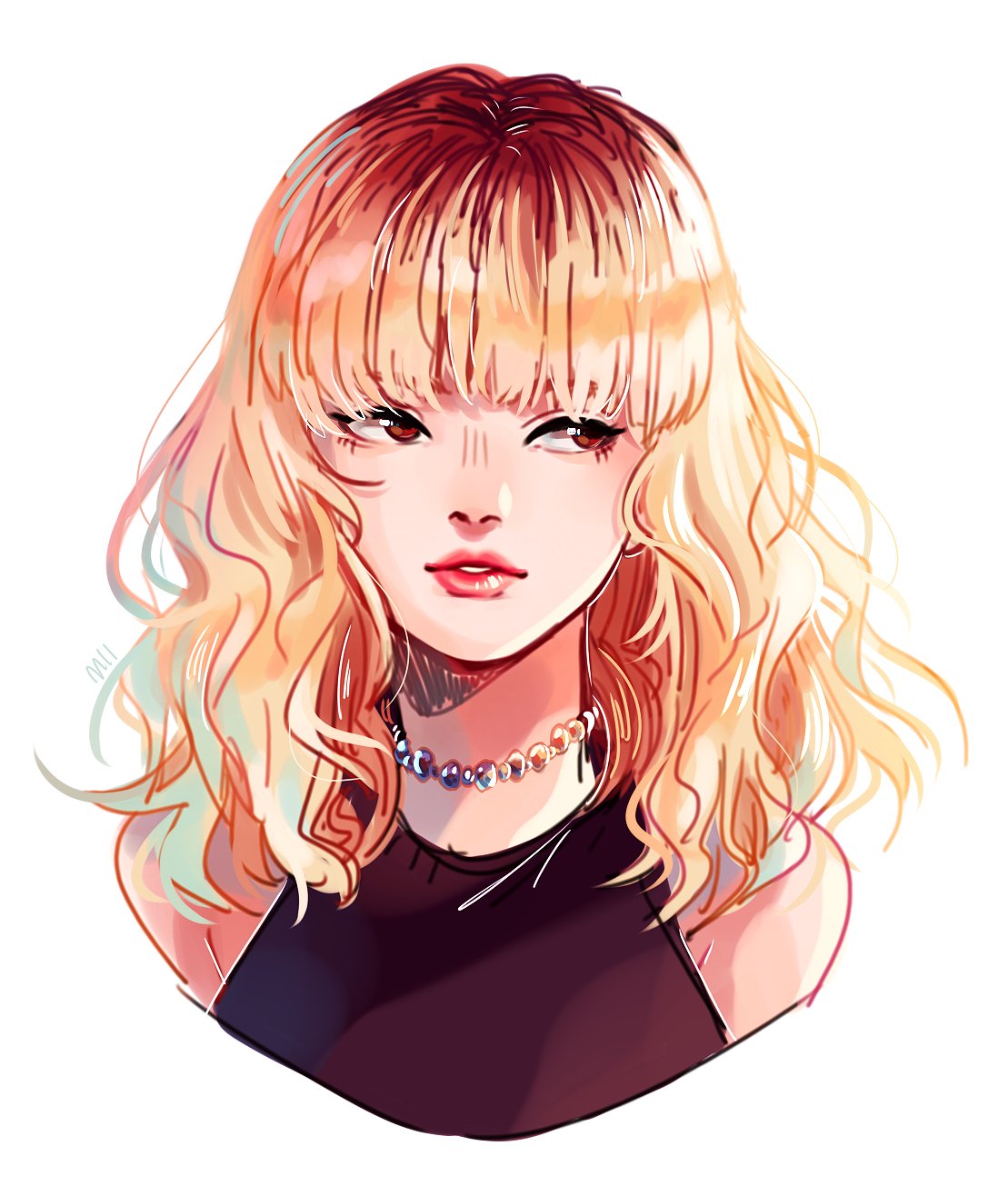 1girl, black_shirt, blackpink, blonde_hair, blunt_bangs, close-up, commentary, highres