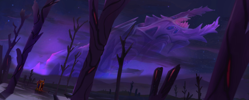 1boy, absurdres, armor, bare_tree, calamity_(terraria_mod), commentary, devourer_of_god_(calamity_mod), divergentdraco, highres, holding, holding_sword, holding_weapon, monster, mountainous_horizon, night, night_sky, sky, star_(sky), starry_sky, sword, terraria, tree, very_wide_shot, weapon, worm, yharim
