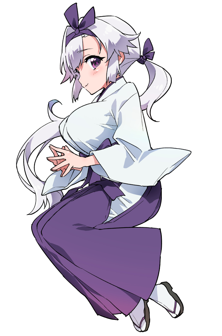 1girl, breasts, commentary_request, from_side, full_body, hairband, hakama, huge_breasts