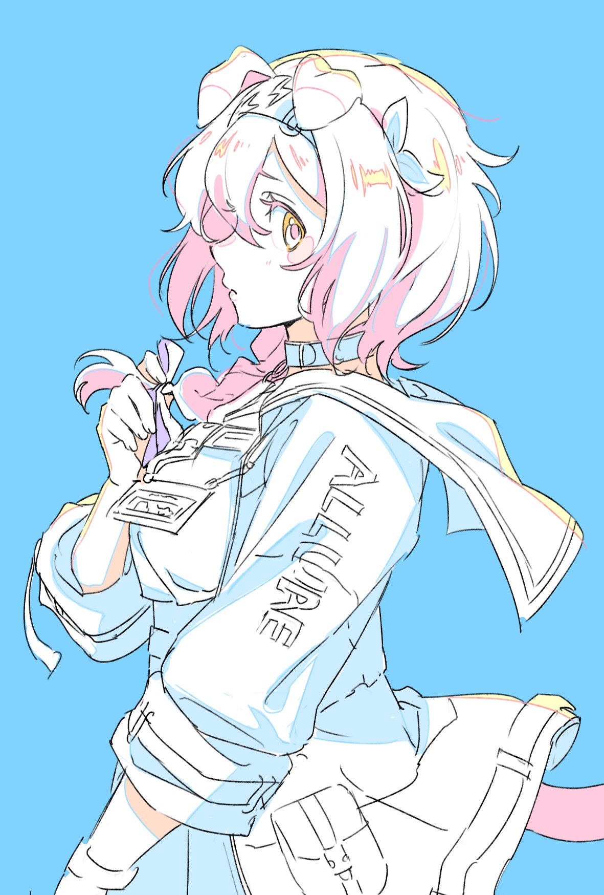 1girl, animal_ears, arknights, blue_background, blush, braid, calligraphy_brush, cat_ears