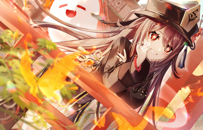 1girl, :d, absurdres, against_railing, architecture, arm_support, black_coat, black_headwear