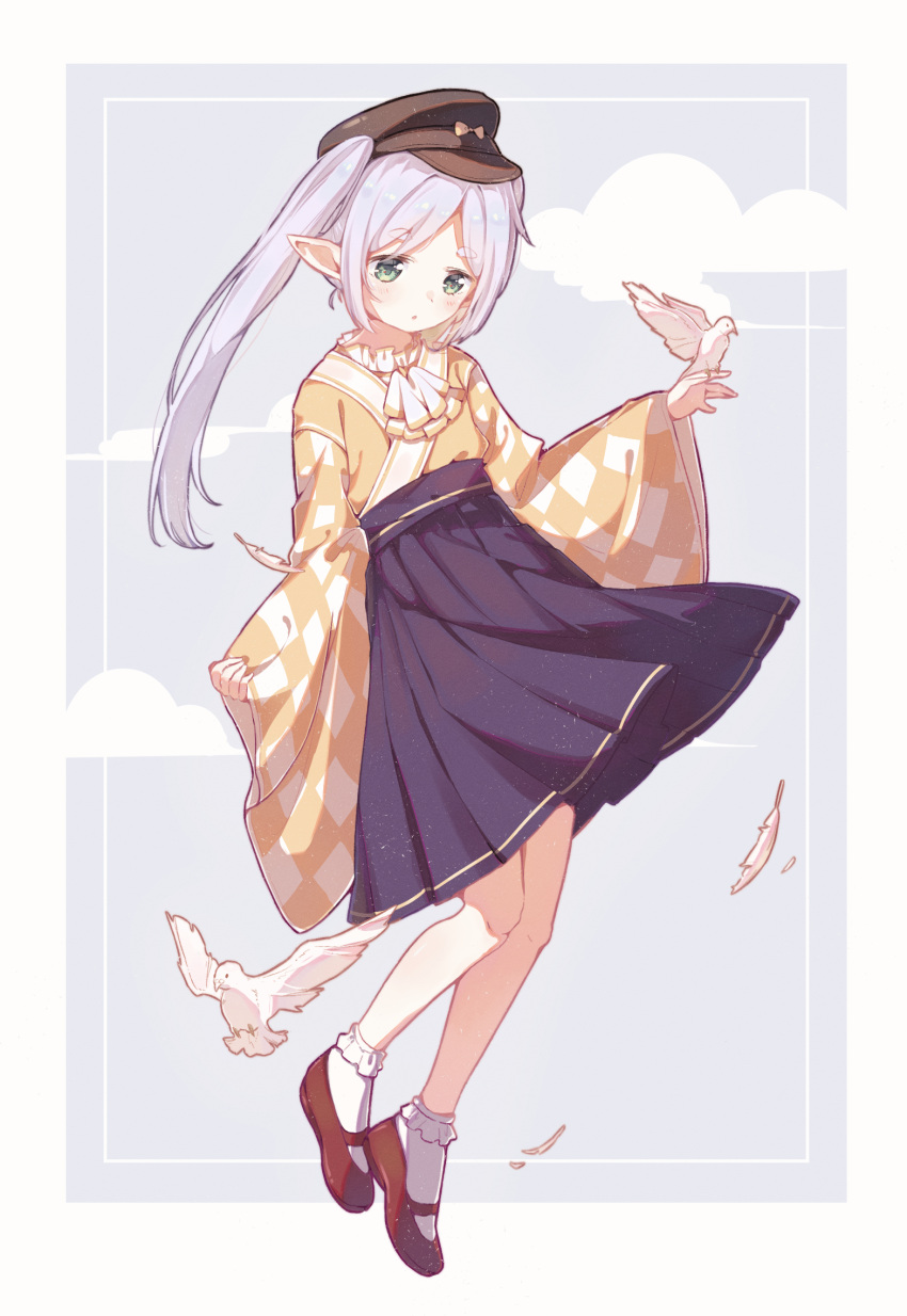 1girl, alternate_costume, bird, blue_skirt, brown_footwear, brown_headwear, dove, elf