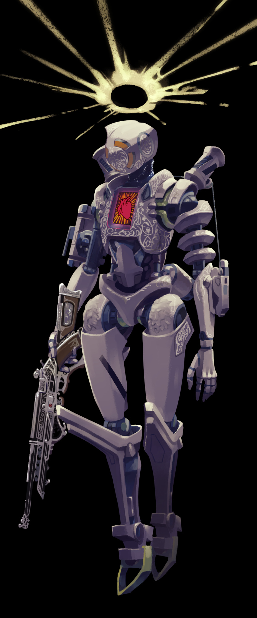 1boy, 30-30_repeater, absurdres, apex_legends, bad_id, bad_pixiv_id, black_background, bug_(silkworm_hnw), floating, gun, halo, highres, holding, holding_gun, holding_weapon, humanoid_robot, looking_down, male_focus, no_humans, open_hand, pathfinder_(apex_legends), rifle, robot, science_fiction, solo, war_machine_pathfinder, weapon