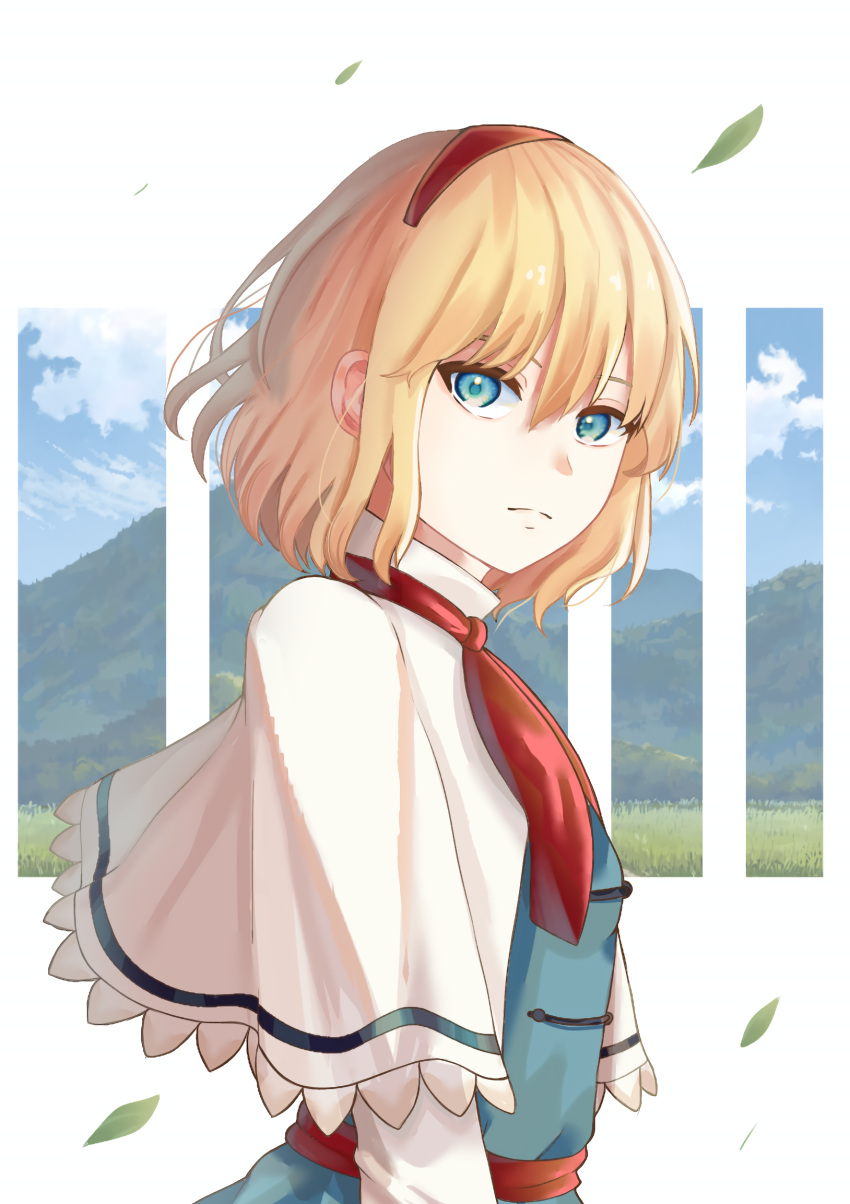 1girl, alice_margatroid, ascot, blonde_hair, blue_dress, blue_eyes, capelet, commentary, dress, hairband, hidaka_(hkdk4587), highres, leaf, red_ascot, red_hairband, short_hair, solo, touhou, upper_body, white_capelet