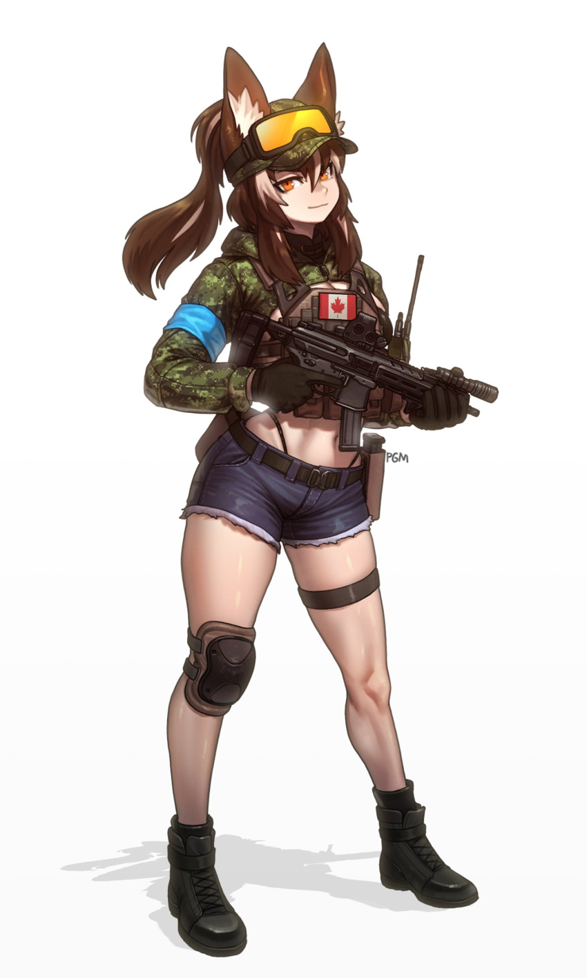 1girl, absurdres, ammunition_pouch, ankle_boots, armband, artist_name, belt, bikini