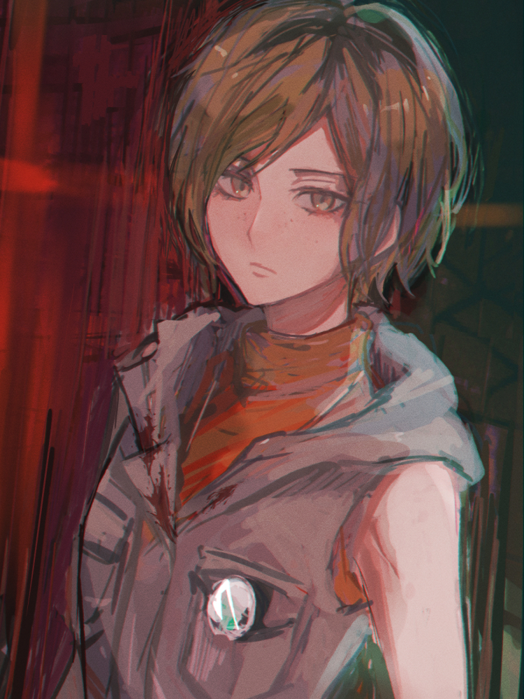 1girl, bare_shoulders, blonde_hair, blood, blood_on_clothes, brown_eyes, expressionless, freckles