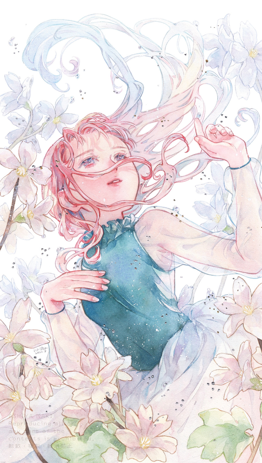 1girl, absurdres, armpit_crease, artist_name, bare_shoulders, blue_dress, blue_eyes, bracelet