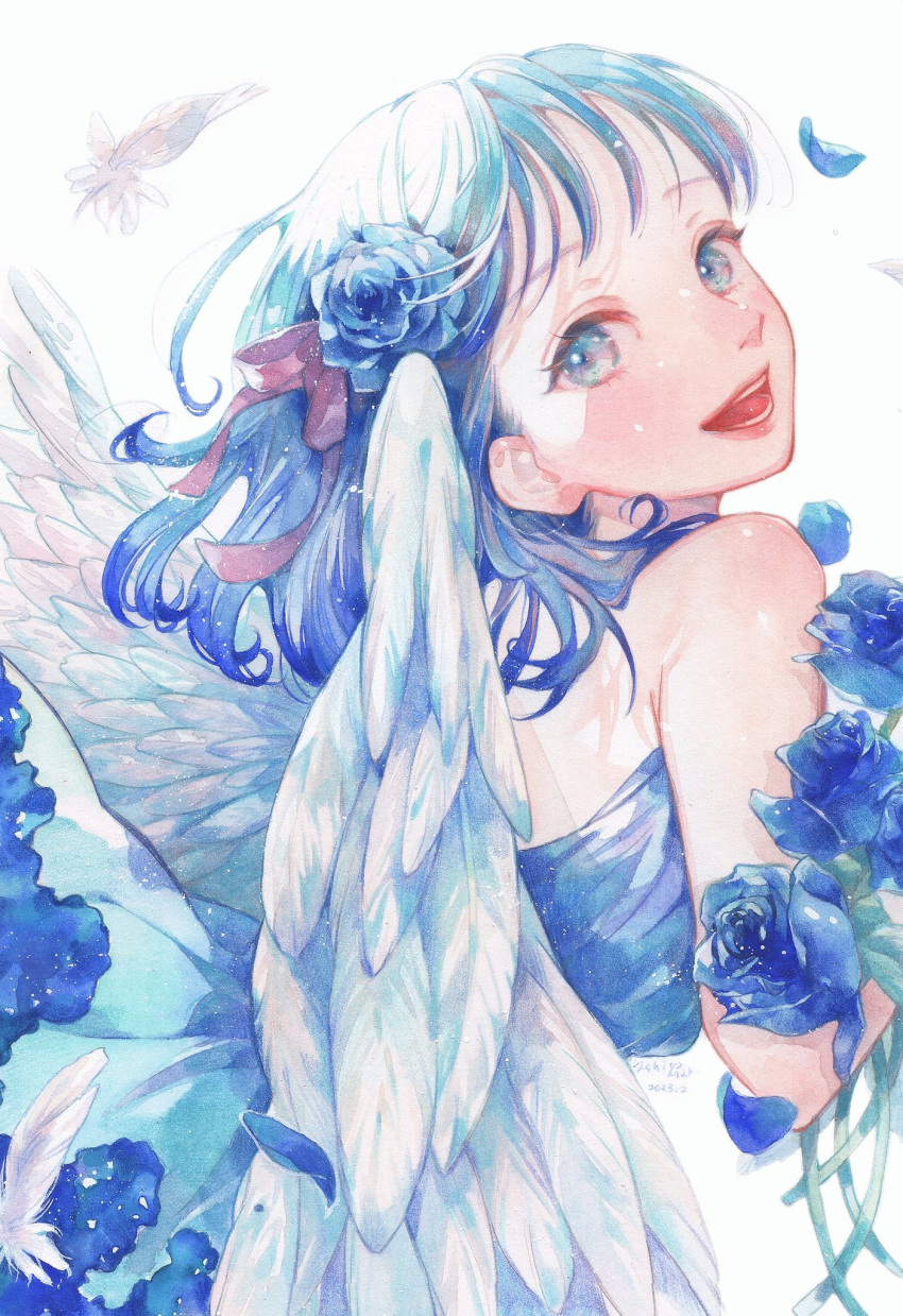 1girl, :d, artist_name, bare_shoulders, blue_flower, blue_hair, blue_rose, blue_theme