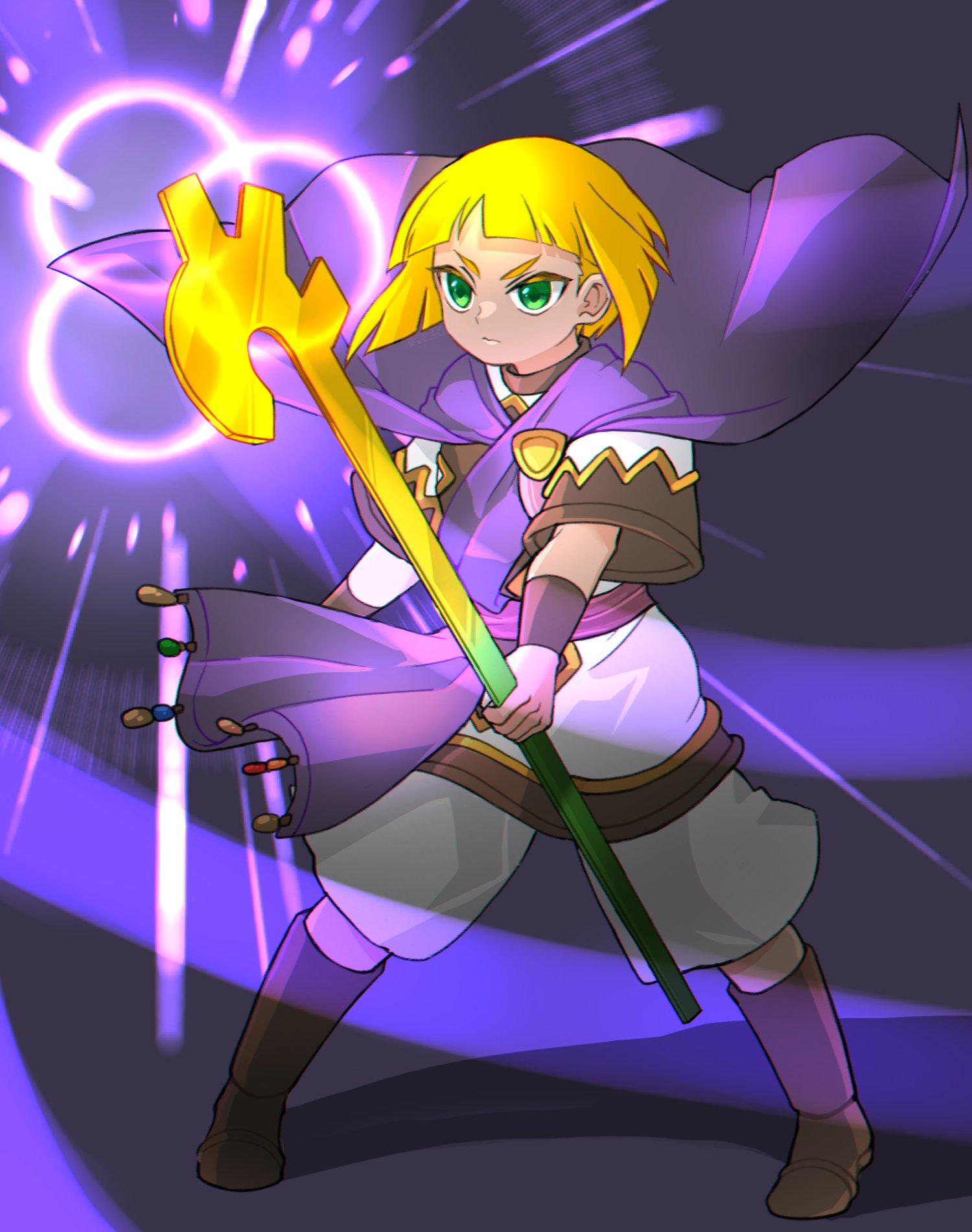 05a7w, 1girl, blonde_hair, boots, cape, closed_mouth, commentary, full_body