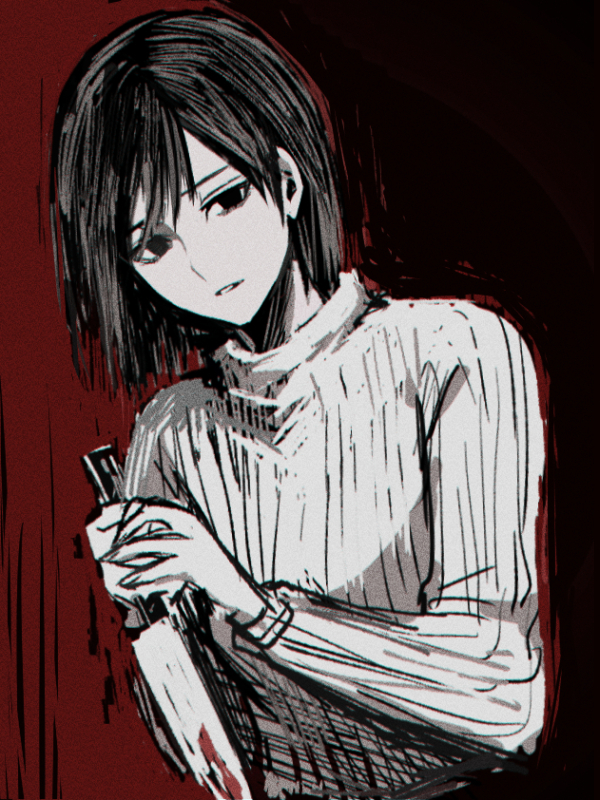 1girl, angela_orosco, blood, blood_on_weapon, head_tilt, holding, holding_knife, knife