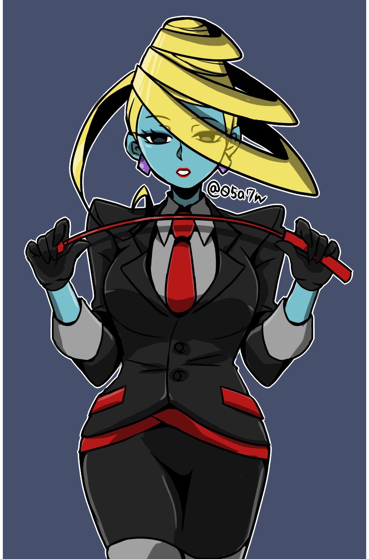 05a7w, 1girl, beauty_(ghost_trick), big_hair, black_gloves, black_skirt, blonde_hair, blue_skin, breasts, colored_skin, earrings, eyelashes, formal, ghost_trick, gloves, hair_over_one_eye, half-closed_eyes, impossible_hair, jewelry, lipstick, looking_at_viewer, makeup, necktie, riding_crop, simple_background, skirt, skirt_suit, solo, suit