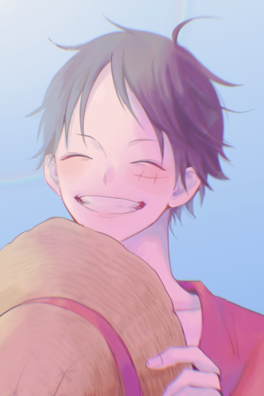 1boy, ^_^, black_hair, blue_background, closed_eyes, english_commentary, hat, holding