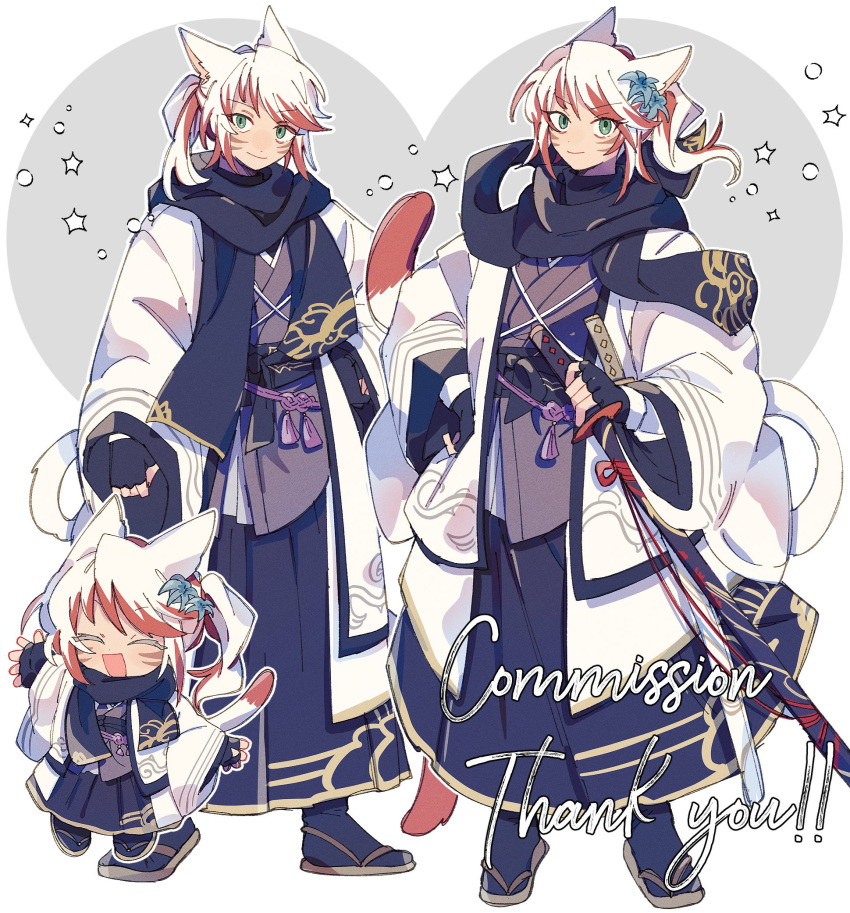 1girl, chibi, final_fantasy, final_fantasy_xiv, flower, green_eyes, hair_flower, hair_ornament