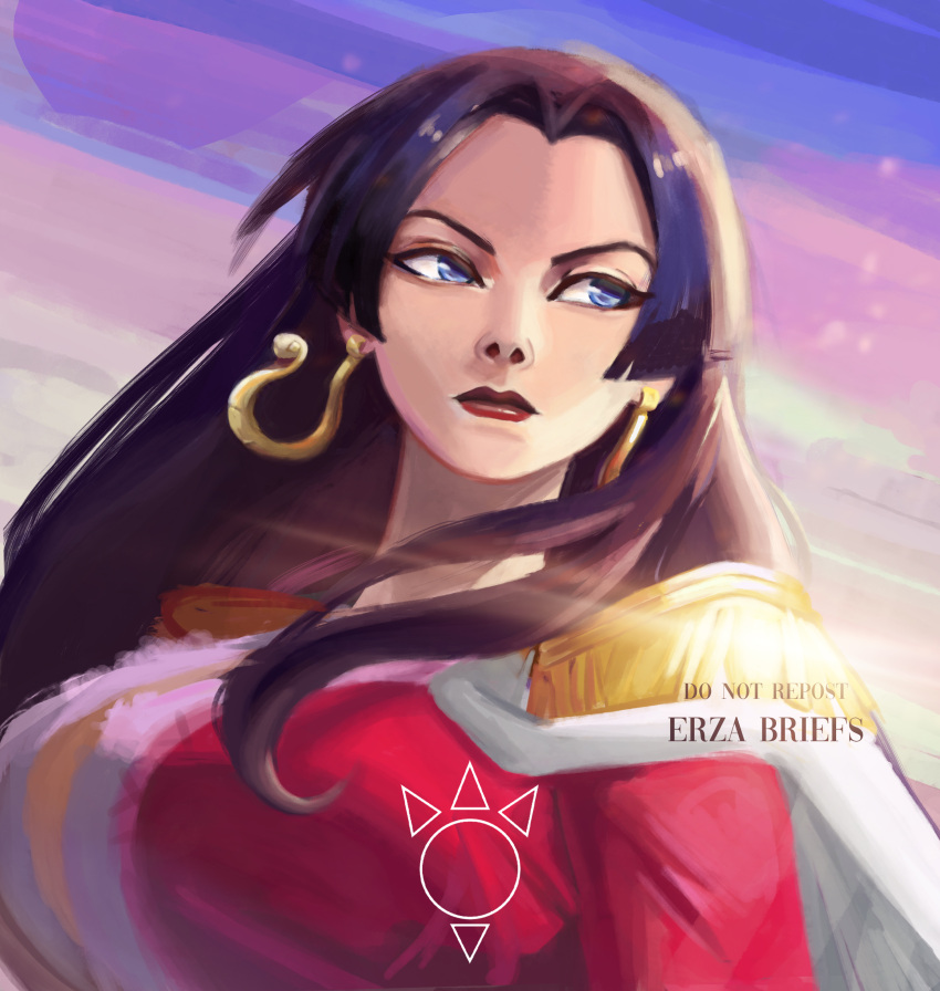 1girl, absurdres, artist_name, black_hair, blue_eyes, boa_hancock, cape, close-up