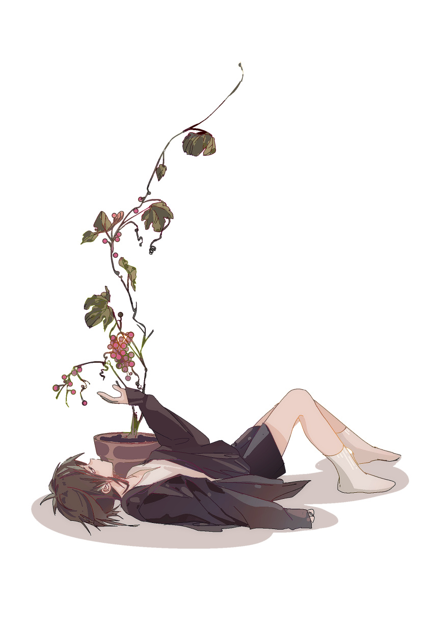 1boy, black_jacket, black_shorts, brown_hair, commentary, flower_pot, food, fruit