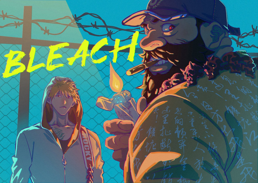 2boys, barbed_wire, baseball_cap, beard, black_shirt, bleach, bleach:_sennen_kessen-hen, chain-link_fence