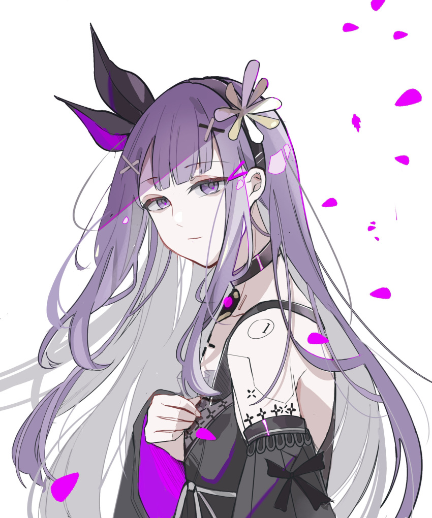 1boy, absurdres, adjusting_clothes, android, black_choker, black_dress, black_hairband, blunt_bangs, bow_hairband, chinese_commentary, choker, closed_mouth, commentary, detached_sleeves, dress, falling_petals, flower_hairband, frilled_sleeves, frills, from_side, hair_ornament, hairband, highres, lithos_(punishing:_gray_raven), looking_at_viewer, male_focus, mechanical_parts, otoko_no_ko, petals, punishing:_gray_raven, purple_hair, purple_petals, seams, shenzao, simple_background, solo, squinting, two-sided_fabric, upper_body, violet_eyes, white_background, x_hair_ornament