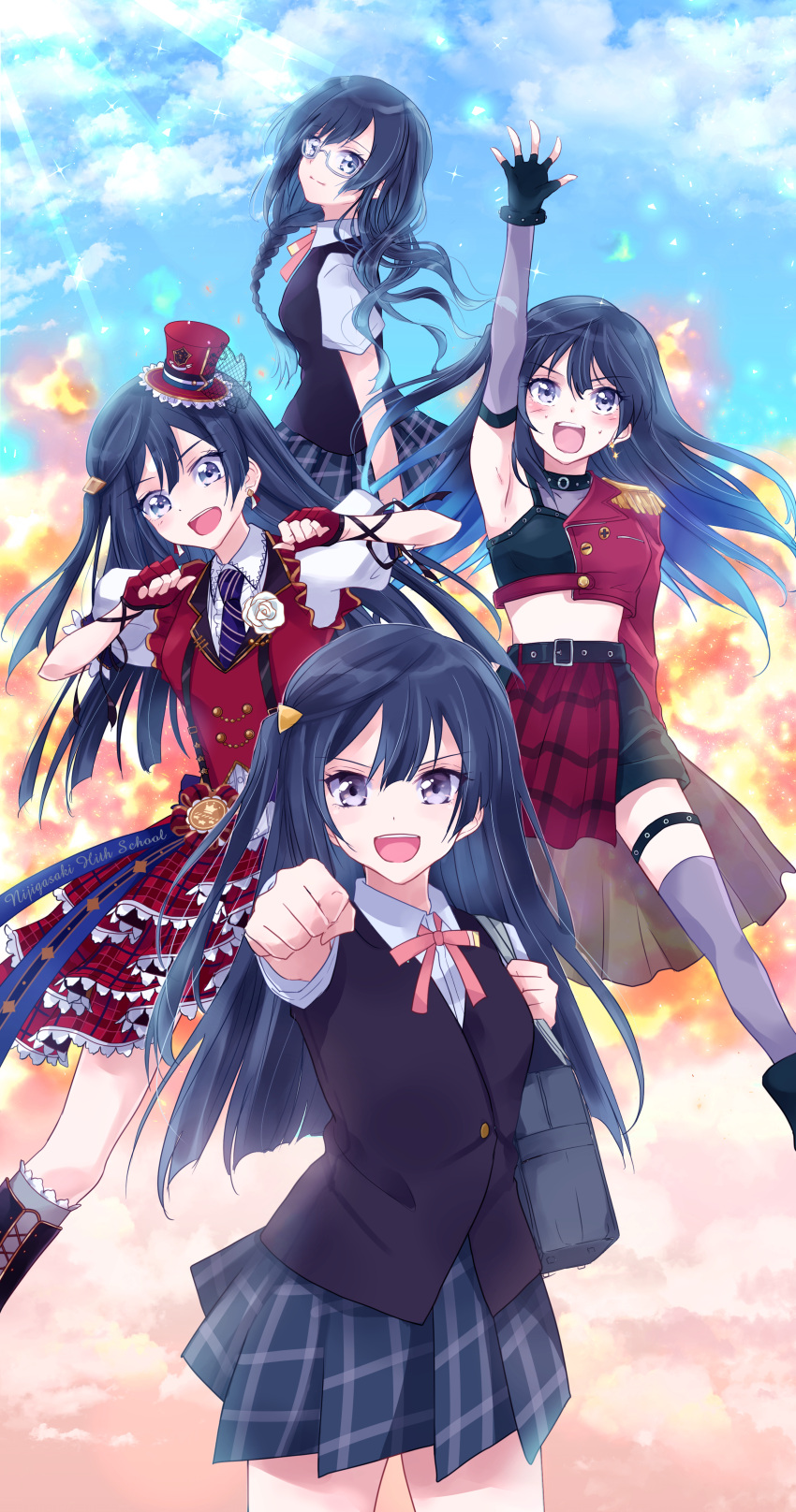 1girl, absurdres, arm_up, asymmetrical_sleeves, bag, belt, black_belt, black_footwear, black_hair, black_vest, blue_necktie, blue_shirt, blue_skirt, blue_sky, blush, boots, braid, chase!_(love_live!), closed_mouth, clouds, collarbone, collared_shirt, cropped_jacket, diagonal-striped_clothes, diagonal-striped_necktie, dive!_(love_live!), earrings, fingerless_gloves, fire, flower, frilled_skirt, frills, gloves, grey_bag, grey_eyes, grey_thighhighs, hair_between_eyes, hat, highres, incoming_fist_bump, jacket, jewelry, knee_boots, layered_skirt, leafmoon_222, long_hair, long_sleeves, looking_at_viewer, love_live!, love_live!_nijigasaki_high_school_idol_club, midriff, mini_hat, multiple_views, nakagawa_nana, necktie, nijigasaki_academy_school_uniform, one_side_up, open_mouth, plaid, plaid_skirt, pleated_skirt, puffy_short_sleeves, puffy_sleeves, red_gloves, red_headwear, red_jacket, red_skirt, rose, school_bag, school_uniform, semi-rimless_eyewear, shirt, short_sleeves, sidelocks, skirt, sky, striped_clothes, summer_uniform, swept_bangs, teeth, thigh-highs, thigh_strap, tilted_headwear, upper_teeth_only, v-shaped_eyebrows, vest, white_shirt, yuuki_setsuna_(love_live!)