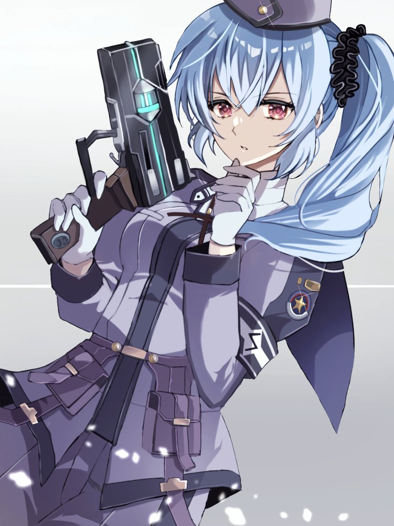 1girl, blue_hair, capelet, claire_rieveldt, double-parted_bangs, eiyuu_densetsu, gloves, grey_background