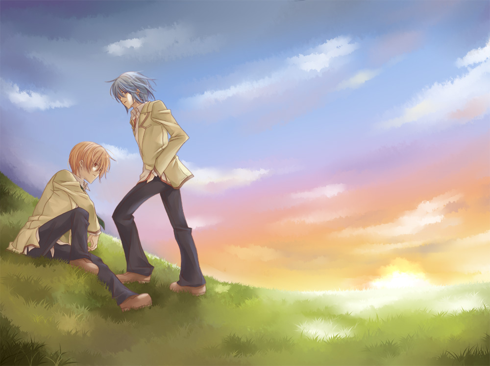 angel_beats!, bad_id, blue_hair, brown_hair, cloud, hill, hinata_(angel_beats!), multiple_boys