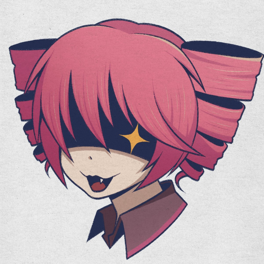 1girl, :3, collared_shirt, commentary, cropped_head, cryptidhermit, drill_hair, fang