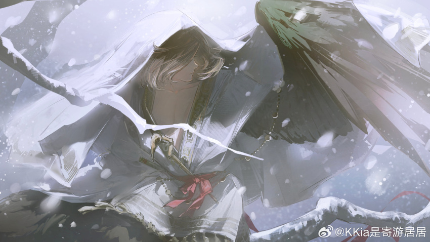 1boy, arm_up, bird_wings, bone_weapon, branch, brown_feathers, brown_hair, brown_wings