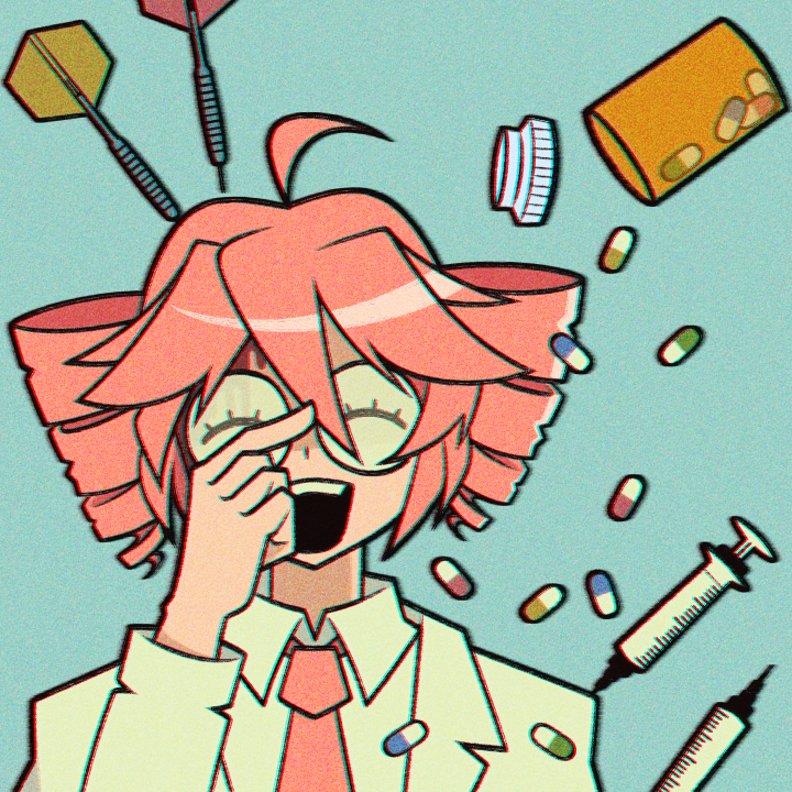1girl, adjusting_eyewear, ahoge, blue_background, chromatic_aberration, closed_eyes, collared_shirt, commentary