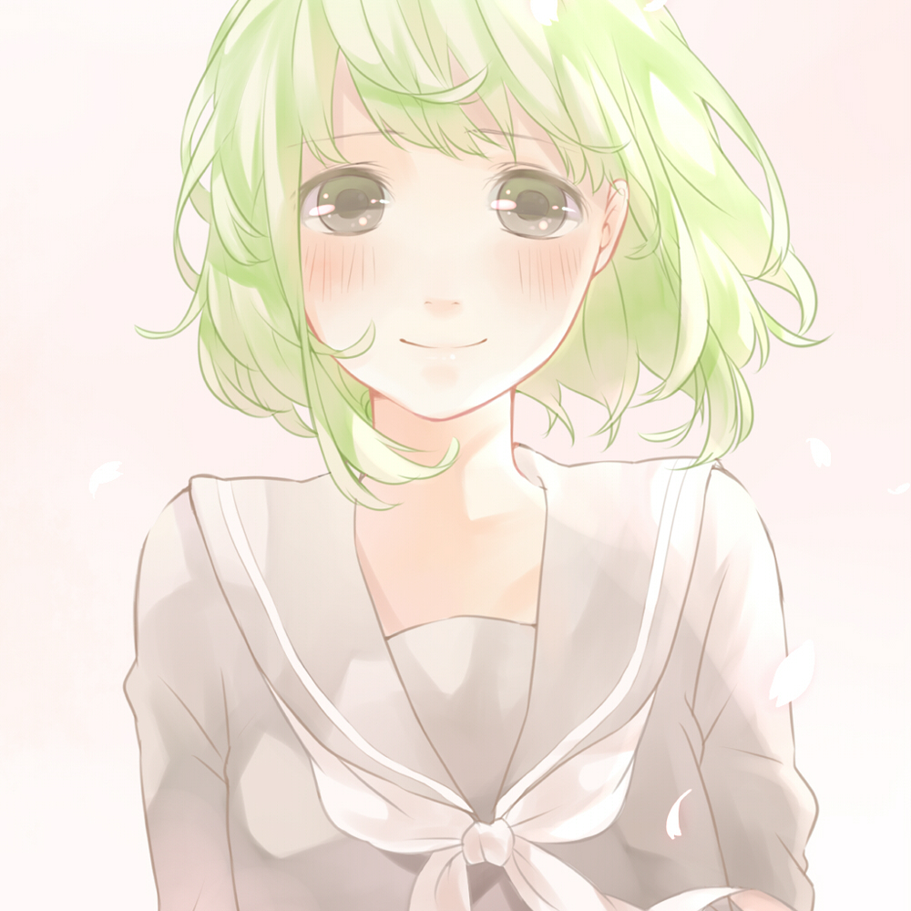 1girl, blush, booota, bust, green_hair, gumi, school_uniform, serafuku
