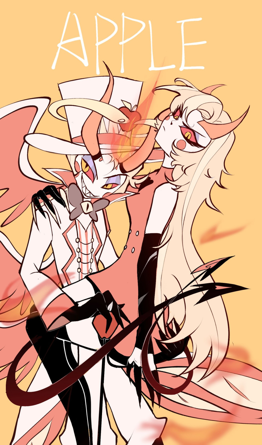 1boy, 1girl, absurdres, blonde_hair, charlie_morningstar, demon, demon_boy, demon_girl, demon_horns, demon_tail, demon_wings, dress, father_and_daughter, hazbin_hotel, highres, horns, long_hair, looking_at_viewer, lucifer_morningstar_(hazbin_hotel), red_dress, suit, tail, thenate, white_headwear, wings