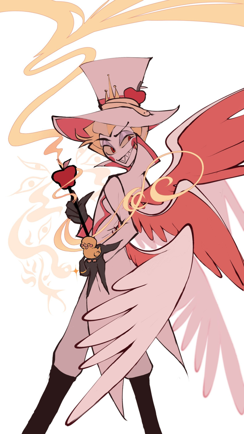 1boy, absurdres, apple, bird, blonde_hair, demon, demon_boy, duck