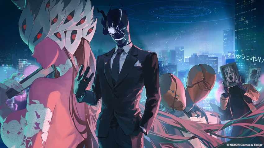 1girl, 5boys, anniversary, beatrice_(blue_archive), black_bow, black_bowtie, black_gloves, black_jacket