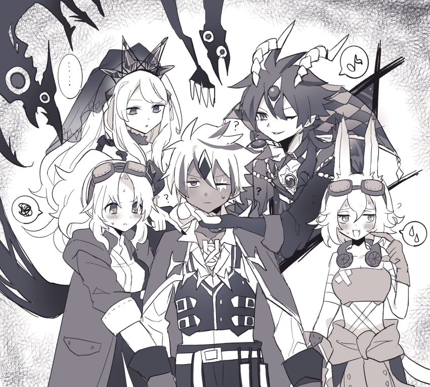 2boys, 3girls, ?, albaz_(yu-gi-oh!), aluber_(yu-gi-oh!), aluber_the_jester_of_despia, animal_ears, bare_shoulders