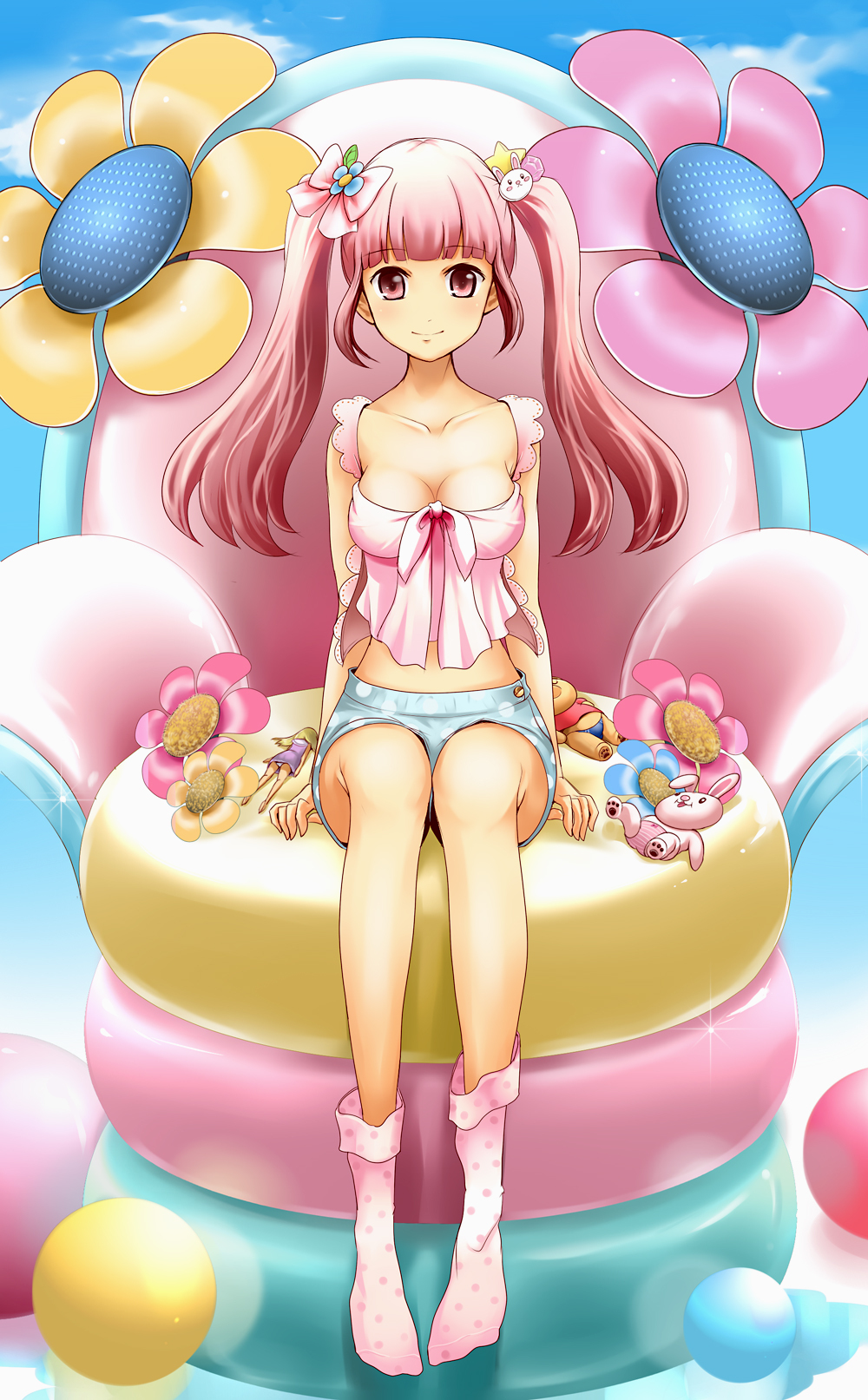 cleavage, cloud, flower, highres, legs, original, pink_eyes, pink_hair