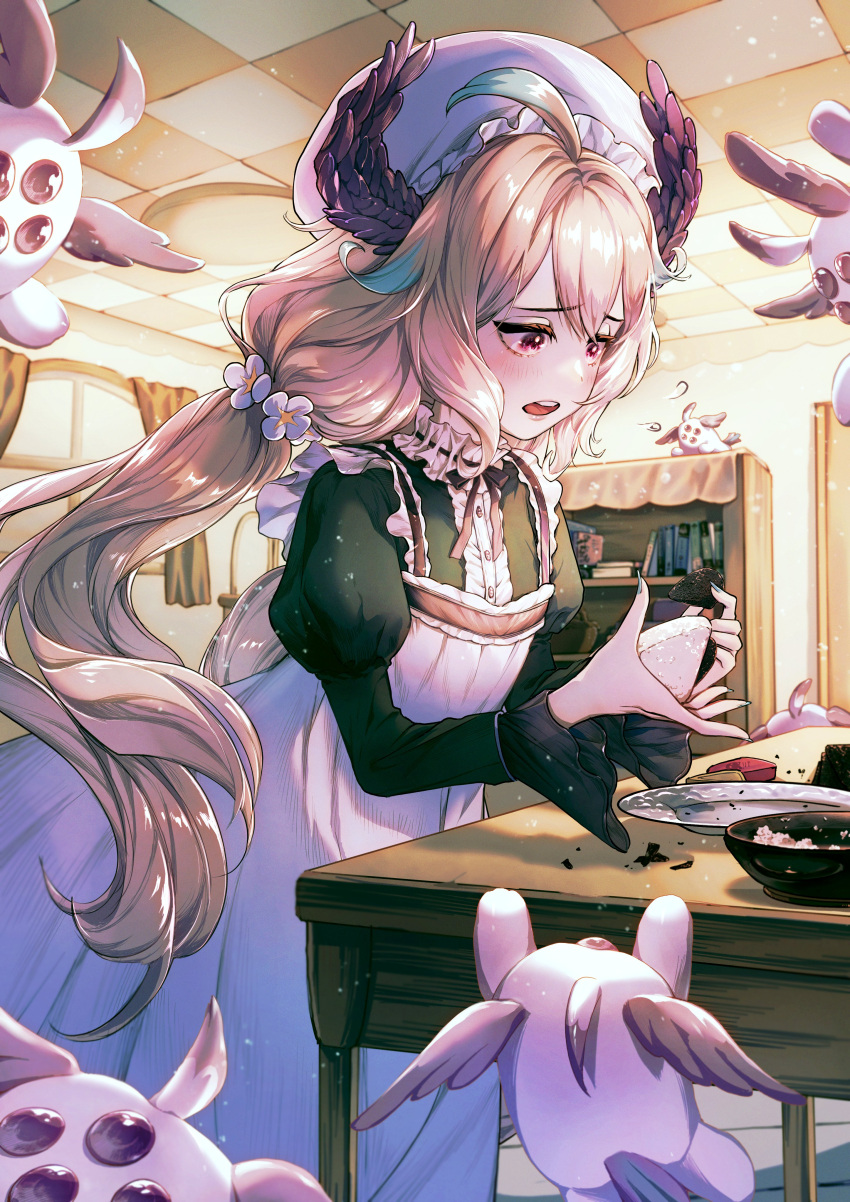 1girl, absurdres, ahoge, aloupeep_(enna_alouette), apron, aqua_nails, blonde_hair, blush