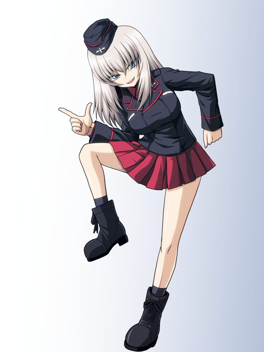 1girl, ankle_boots, black_footwear, black_headwear, black_jacket, black_socks, blue_eyes, boots