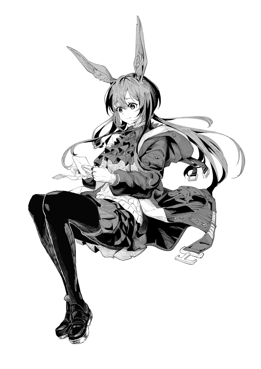 1girl, absurdres, amiya_(arknights), animal_ears, arknights, ascot, closed_mouth, coat, commentary, full_body, greyscale, highres, holding, jewelry, joker_(jjjokerrr233), long_hair, monochrome, multiple_rings, pantyhose, rabbit_ears, ring, skirt, smile, solo, sweater