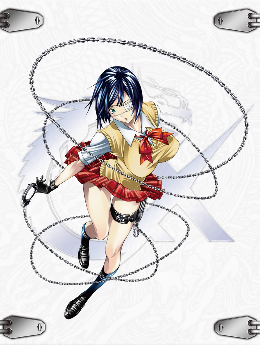 blue_hair, breasts, chain, cuffs, dragon, eyepatch, gloves, green_eyes