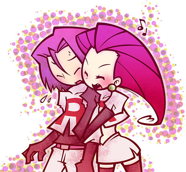 1boy, 1girl, blue_hair, blush, cindysuke, closed_eyes, fang, james_(pokemon)