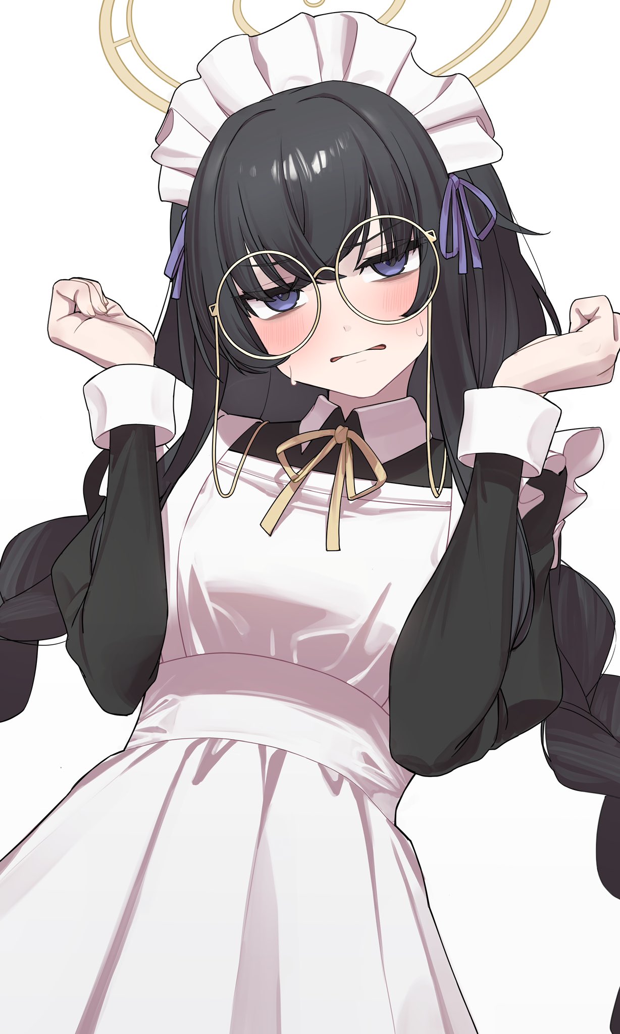 1girl, alternate_costume, apron, artist_request, black_dress, black_hair, blue_archive, blush, braid, dress, enmaided, frilled_apron, frills, glasses, halo, highres, long_hair, long_sleeves, looking_at_viewer, maid, maid_apron, maid_headdress, mushioicharax, round_eyewear, simple_background, solo, sweat, twin_braids, ui_(blue_archive), white_apron, white_background